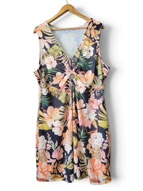 Tropical Floral Sleeveless V-Neck Swim Coverup Dress with Center Ring 2X